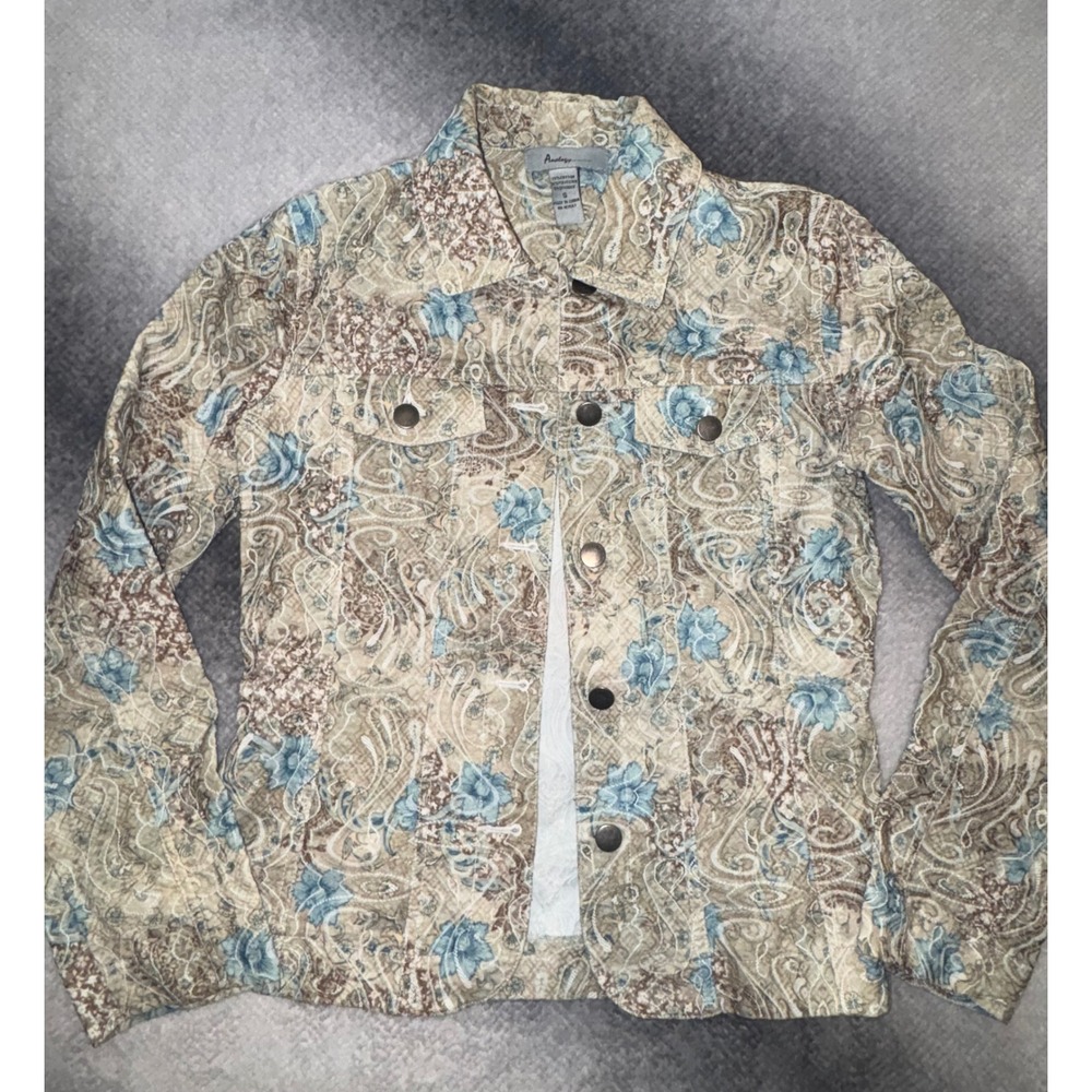 (CL) Analogy Women Blue Tan Paisley Floral Textured Button Front Jacket Small